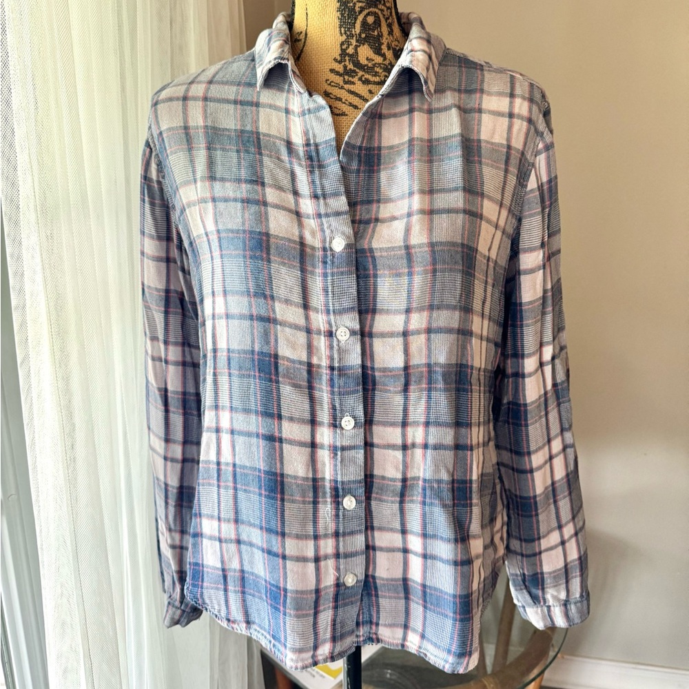 Anthropologie Cloth and Stone Plaid Long Sleeve Button Shirt Size Medium Blue